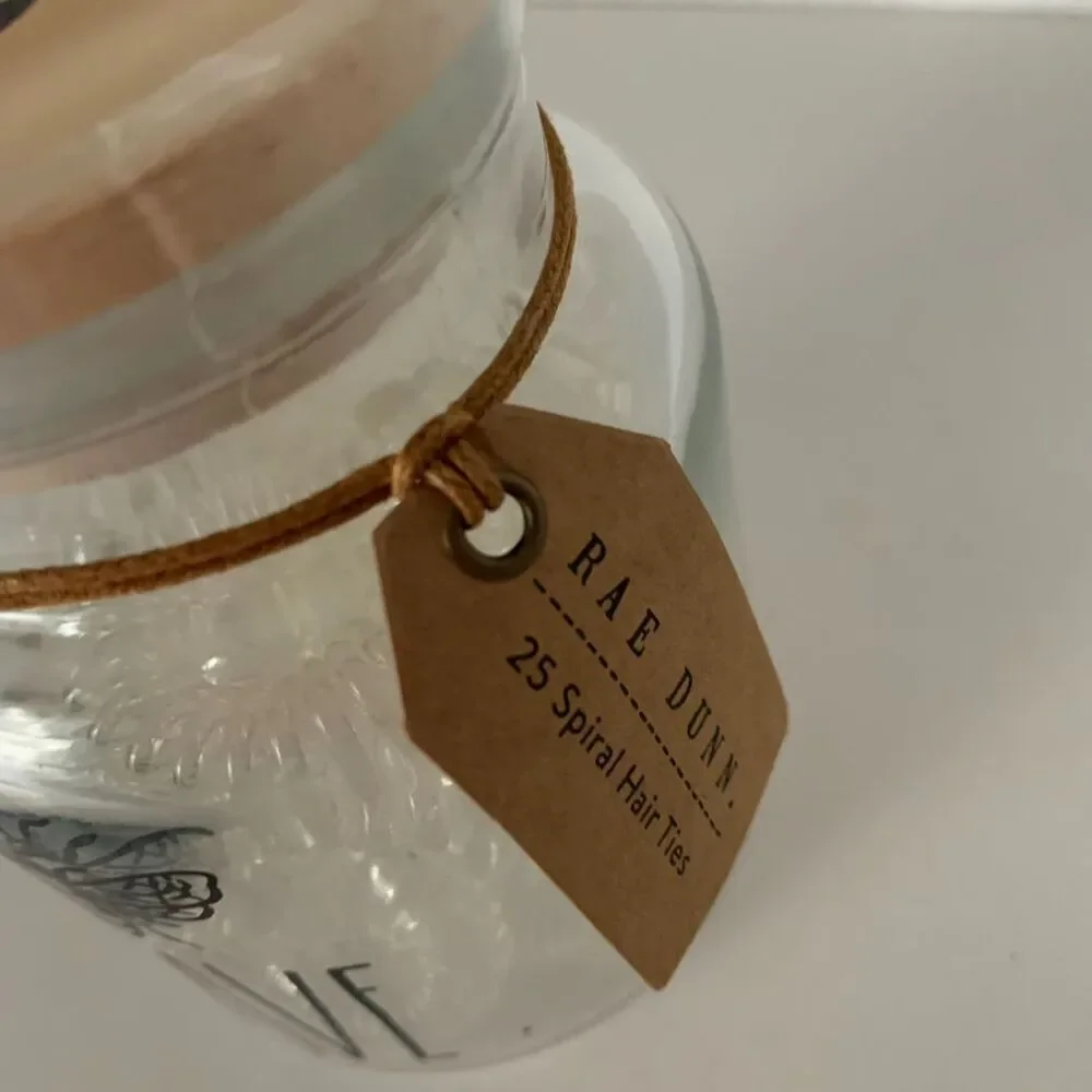 NWT Rae Dunn Bee Brave Jar Glass Canister with 25 Count Spiral Hair Ties